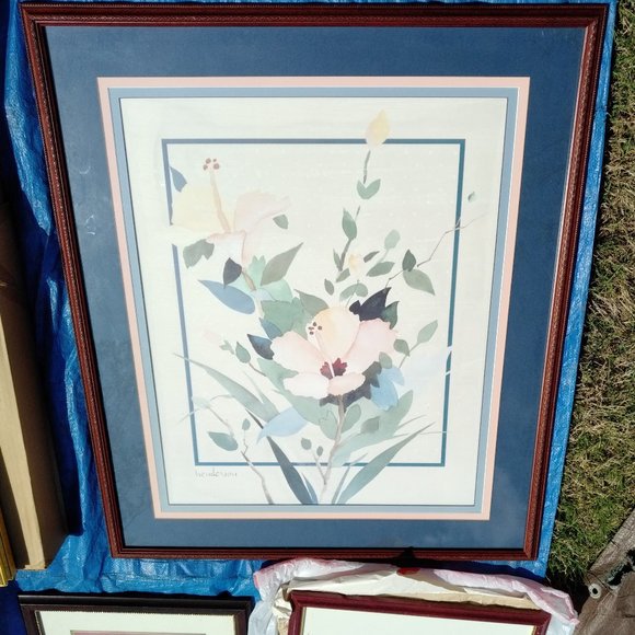 BLUE AND PEACH FLOWER PRINT WITH CUSTOM TRIPLE MAT AND CHERRY WOOD FRAME - Picture 5 of 7